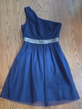 MAX & CLEO Briana Deep Navy  One Shoulder Mesh Cocktail Dress- Size 6
